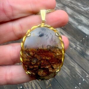 Genuine Moss Agate Brown Crystal Pendant Necklace on Gold Chain